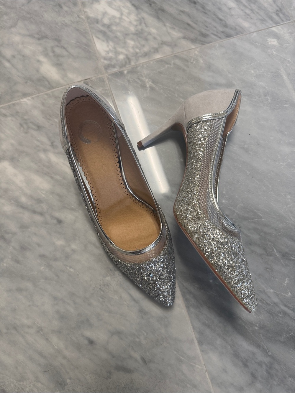 Silver Glitter Pointed Mesh Stiletto Pumps